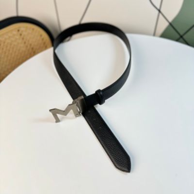 1:1  Montblanc Black Leather Belt with Silver Logo Buckle Slender Buckle 3.5cm